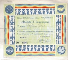Attestato benemerenza lega naz cooperative per sottoscrizioni maggiori di 100 lire