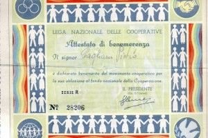 Attestato benemerenza lega naz cooperative per sottoscrizioni maggiori di 100 lire